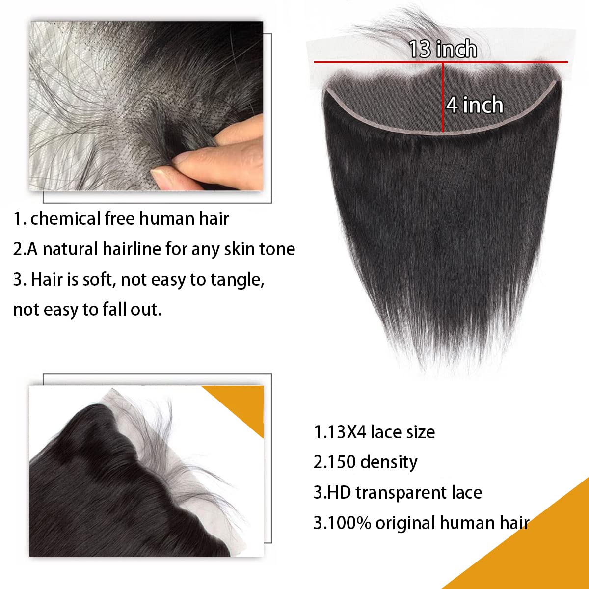 13X4 Ear To Ear Lace Frontal Closure Straight Frontal HD Lace Human Hair 100% Brazilian Virgin Hair 150 Density HD Transparent Lace Natural Black Pre-Pulled Baby Hair (16 Inch)