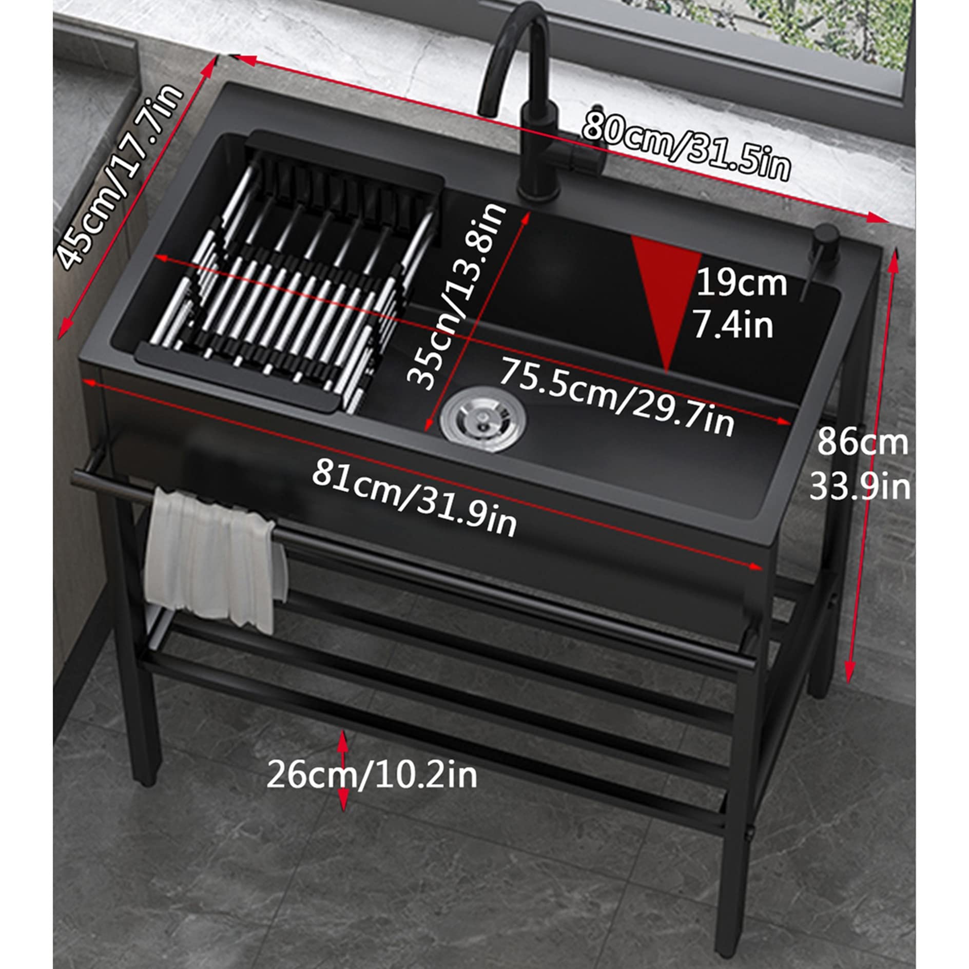 Lavello Cucina 1 Vasca,Mobile Lavabo Esterno Acciaio Inox 304,con Rubinetto E Cestello Allungabile,Distributore Di Sapone,Lavandino Nero Multifunzione,per Bar Garage Ristorante Lavanderia (Size : 80*
