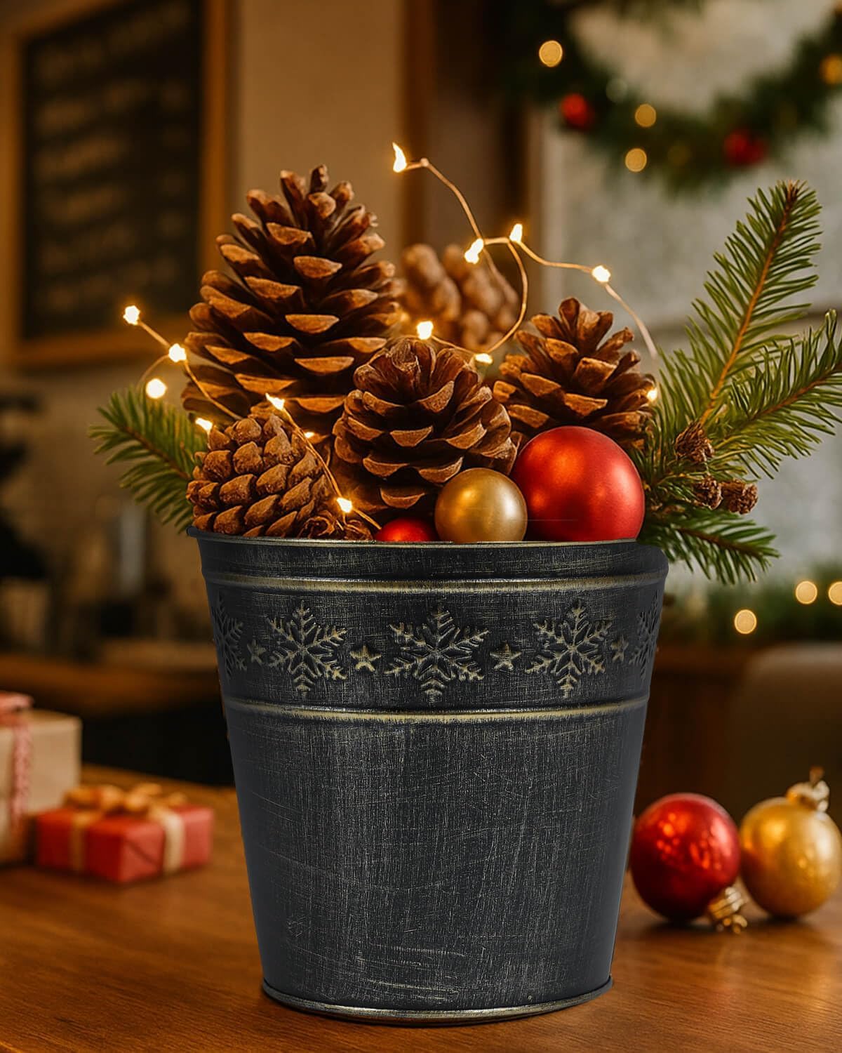 6" Black Christmas Galvanized Planter - 6Pcs Farmhouse Metal Tin Bucket with Drain Hole and Plug Xmas Gift Vintage Flower Pot for Party Table Centerpieces Outdoor Garden home decor(Deer Style)