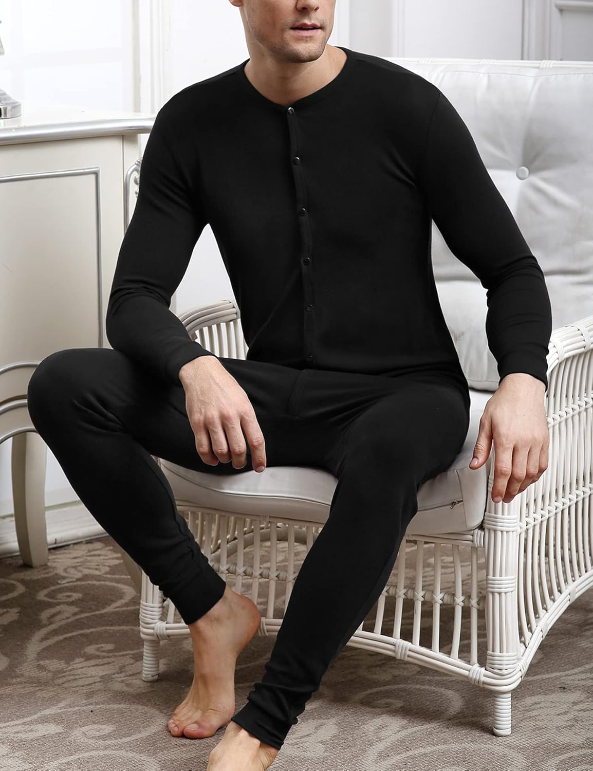 COLORFULLEAF Men's Cotton Thermal Underwear Union Suits Henley Onesies Base Layer - Image 4
