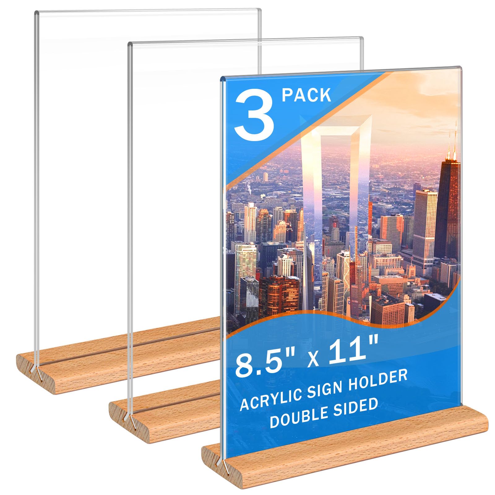 Kersally Acrylic Sign Holder 8.5 x 11, 3 Pack Double-Sided Clear Table Display Stands with Wood Base,Vertical Acrylic Frame Menu Flyer Paper Holder