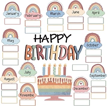 Boho Rainbow Happy Birthday Bulletin Board Rainbow Holiday Board Sign Lets Celebrate Happy Birthday Cloud Accents Cutouts for Calendars Bulletin Boards