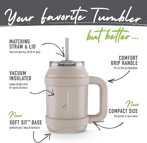 Miniatura 3 de REDUCE Vaso reutilizable de 32 onzas con asa, botella de agua de acero inoxidable aislada para el hogar, gimnasio u oficina, popote o tapa abatible