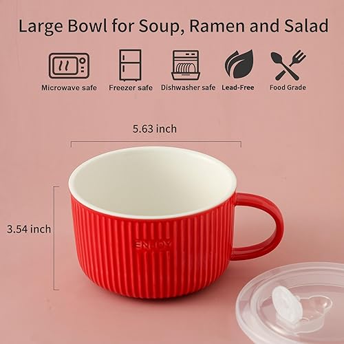 Miniatura 9 de Seyatoo Tazón de sopa de cerámica con tapa, taza de sopa con tapa de mano y hermética, taza de sopa grande para microondas para cereales, ensalada,