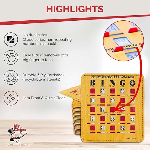Miniatura 47 de MR CHIPS Tarjetas de bingo a prueba de atascos con ventanas deslizantes, 25 tarjetas de obturador de bingo reutilizables, 75 tarjetas de llamadas