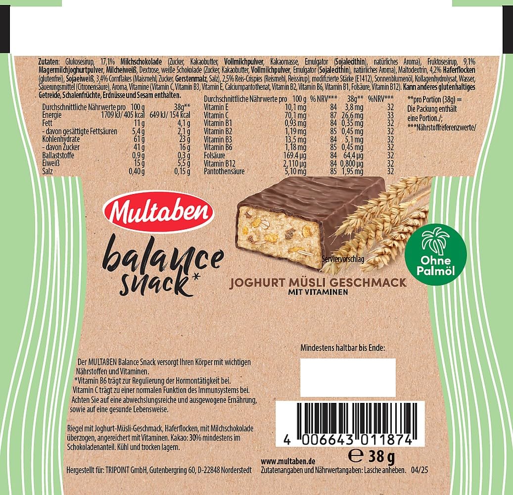 MULTABEN Balance Snack Joghurt-Müsli Energieriegel, 18x38g | 5,4g Protein pro Riegel - Mit Vitamin B6, C & E - Mit Zink - Eiweißriegel