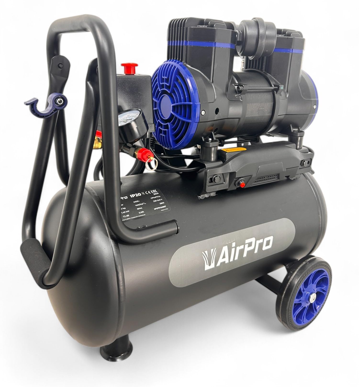 Airpro Compressore d'aria 2 CV, serbatoio da 24 l, compressore ad aria compressa senza olio (72 dB), 8 bar, 250 l/min, esente da manutenzione per officina e casa