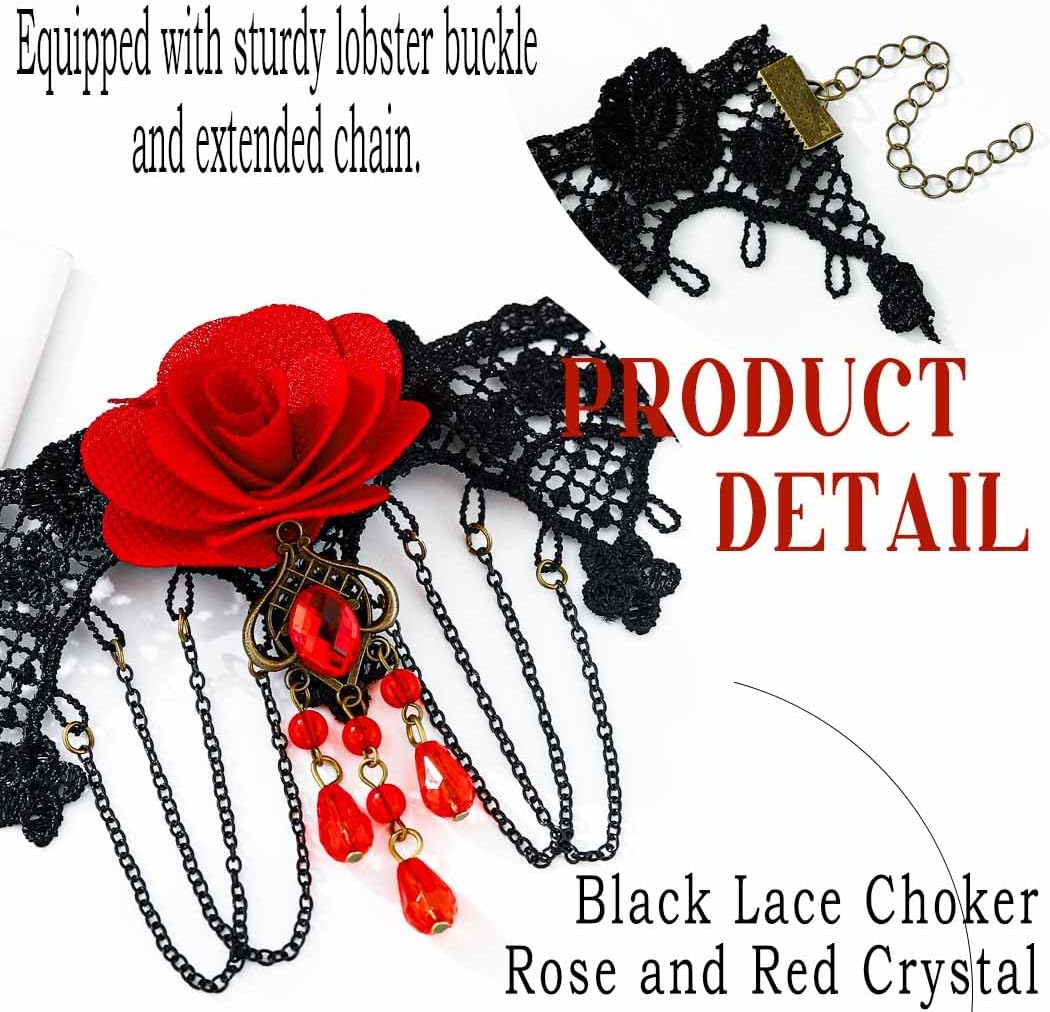 Gothic Black Choker Necklace Lace Collar Necklace Red Rose Necklace Halloween Chokers for Women - Image 3
