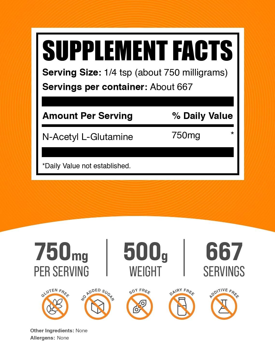BulkSupplements.com N-Acetyl L-Glutamine Powder - Glutamine Supplement, L Glutamine Powder - Gut Health & Recovery, Glutamine 750mg - Gluten Free, 750mg per Serving, 500g (1.1 lbs)