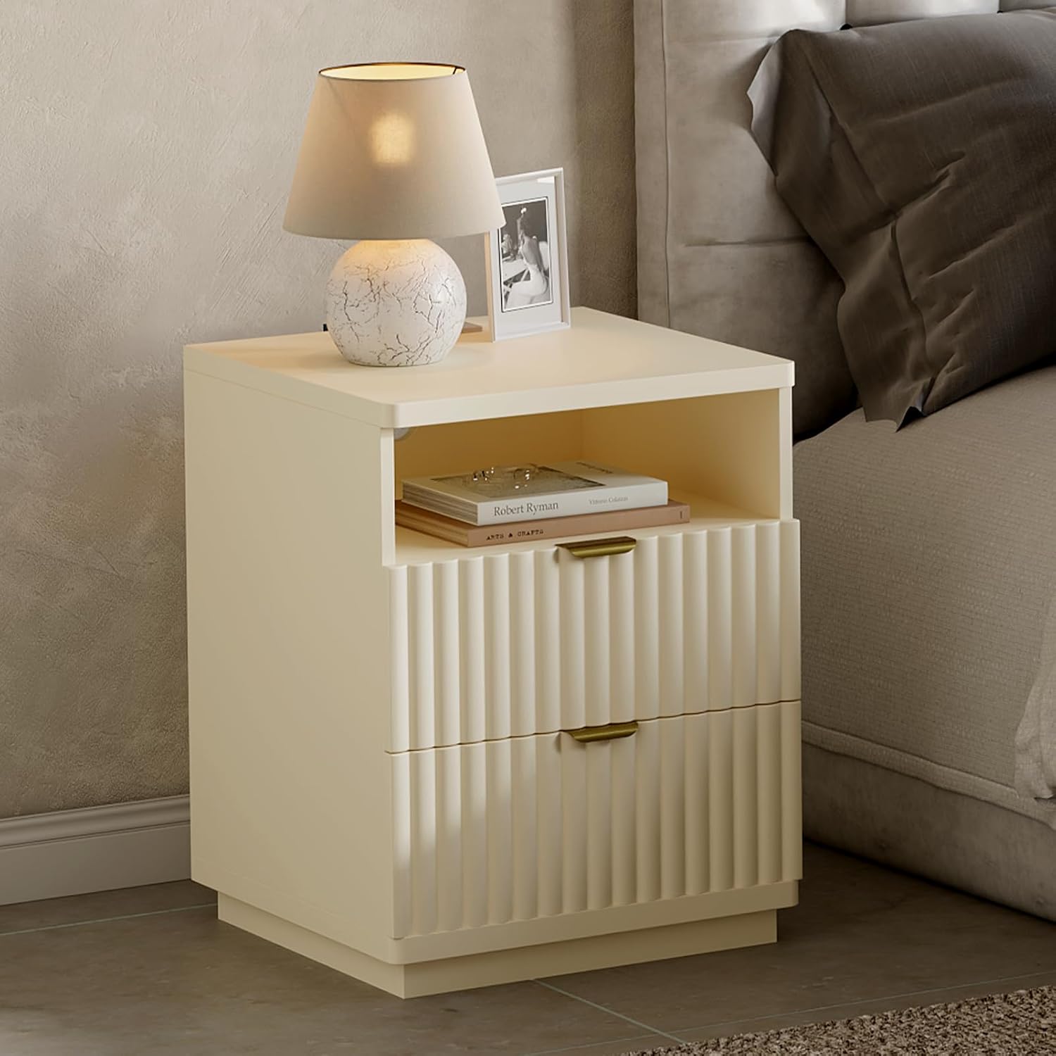 Night Stand Set 2, Nightstand with Charging Station, Night Stand with Open Shelf and 2 Drawers for Bedroom, Side Table Bedside Table with USB Ports & Outlets, Small Nightstand End Table