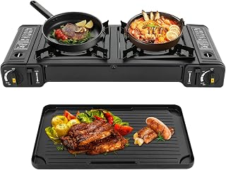 Hornillo de gas portátil con placa de parrilla, Hornillo de Gas 2 Quemadores, Estufa Butano Camping con Placa Grill, Encendido Piezoeléctrico, Estufa de Butano Para Camping, Trekking, Picnic, RV