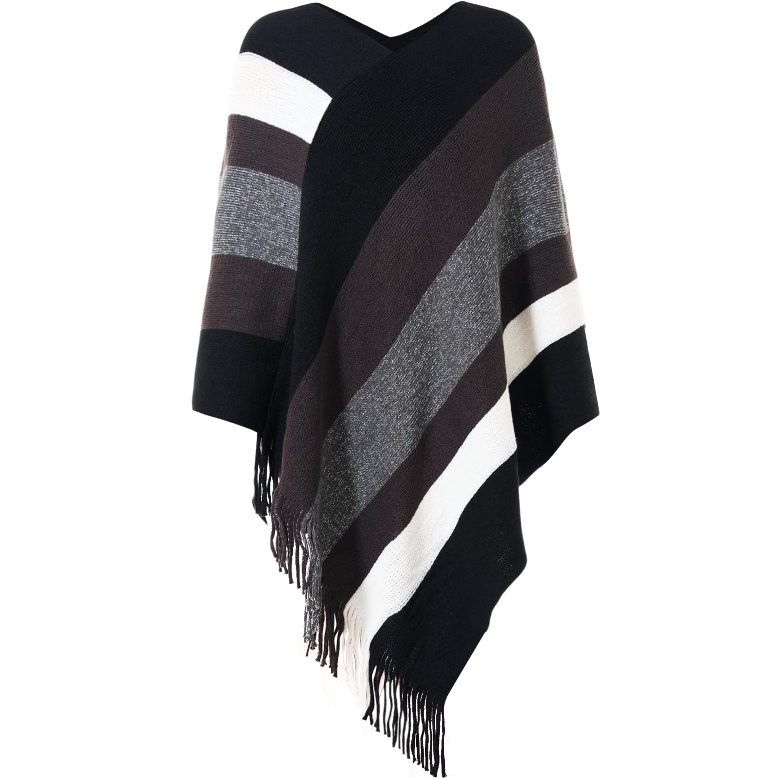 Women's Striped Poncho Tops with Fringe, Soft Knitted Shawl Wraps Elegant Sweater Open Front for Fall Winter-image-27