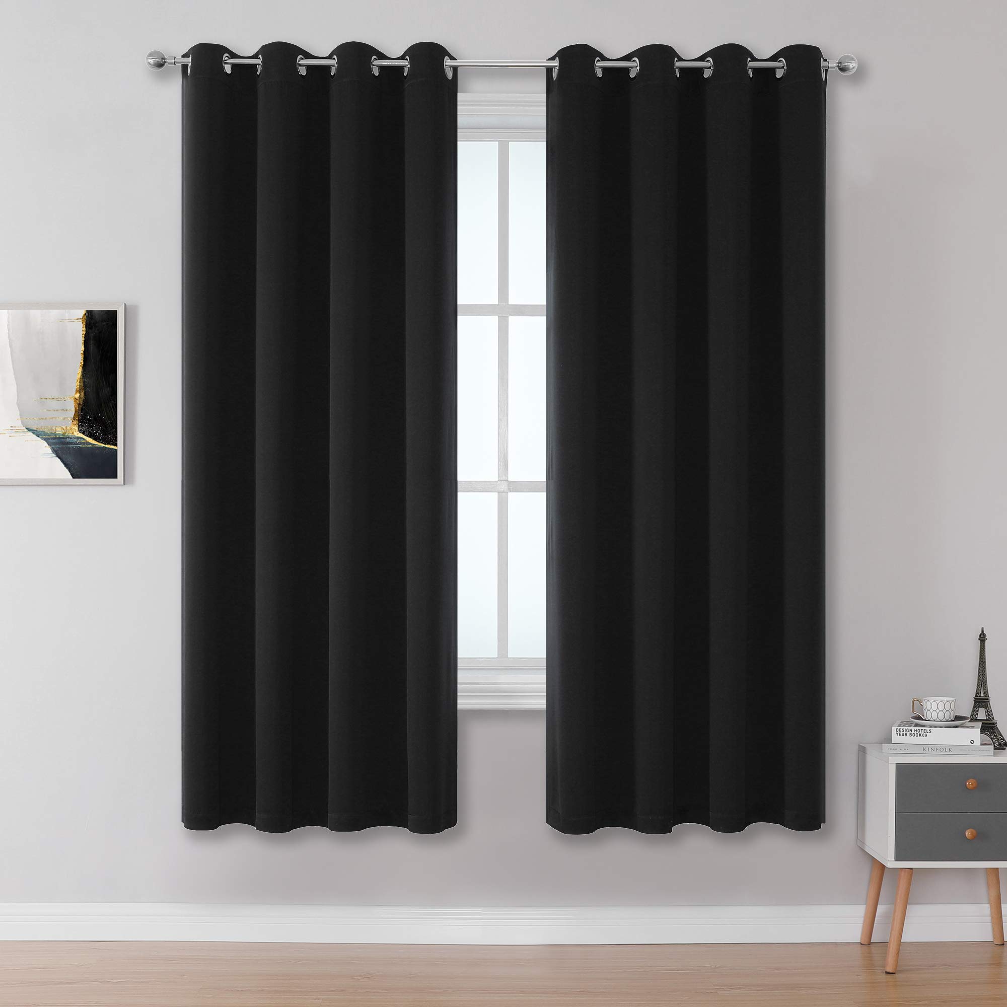 DUALIFE Black Blackout Curtains 72 Inch Length for Living Room Solid Energy Efficient Room Darkening Curtains for Bedroom Thermal Insulated Grommet Top 52x72 Inches Long Set of 2 Panels