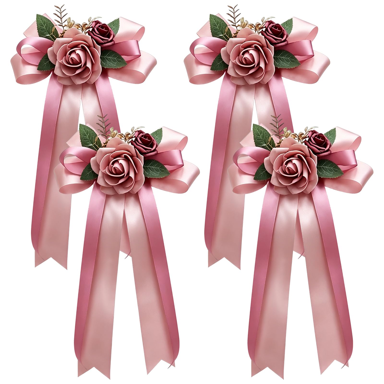 MospdyGear 4 PCS Wedding Car Door Handle Decor, Elegant Pink Artificial Floral Arrangements with Satin Bows, Ideal for Just Married Vehicles, Stylish Ceremony Accessories