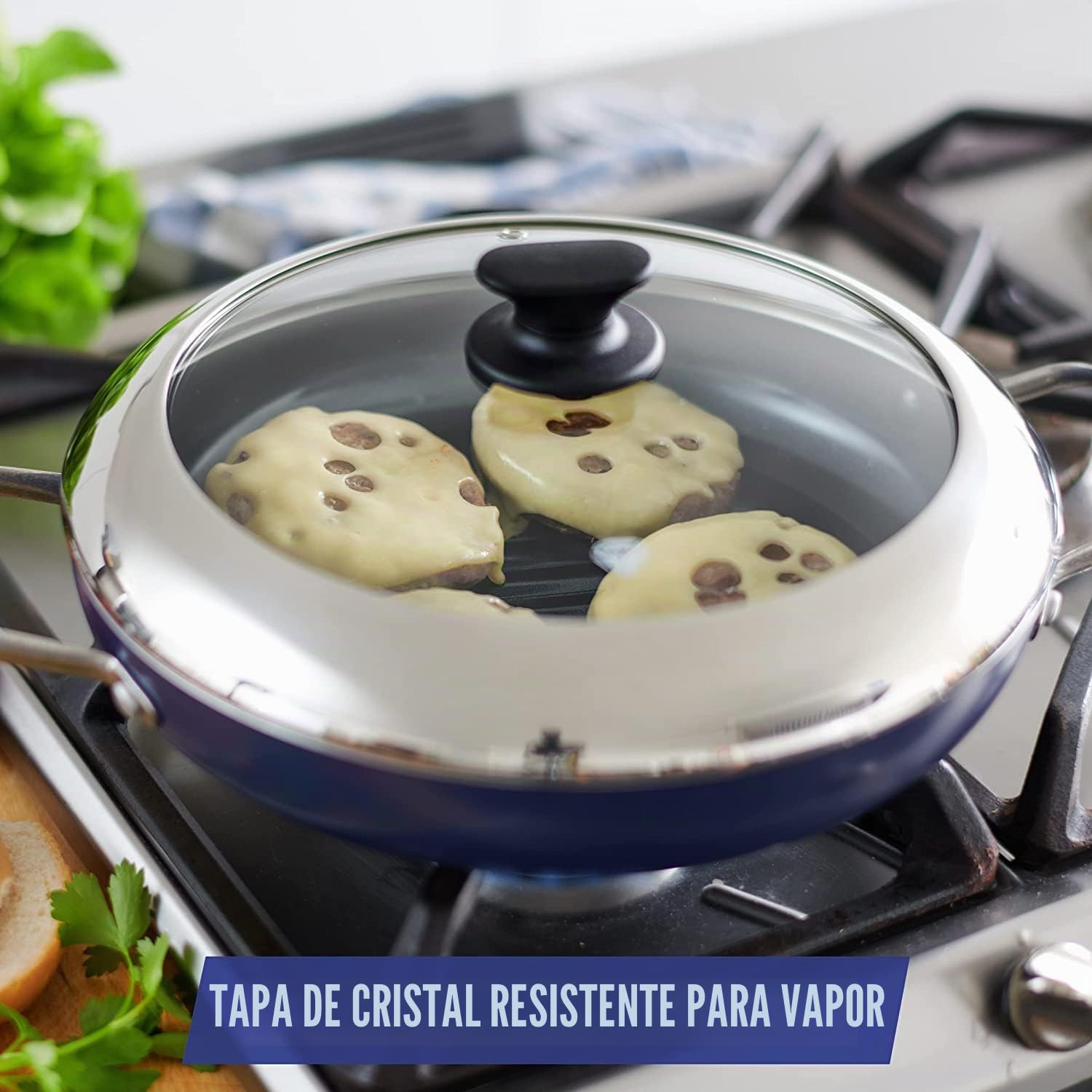 Blue Diamond Cookware Sartén Grill Cerámica Antiadherente Infusionada con Diamante de 28 cm con Tapa de Cristal, Sin PFAS, Para Asar, Barbacoa, Apta para Horno, Azul