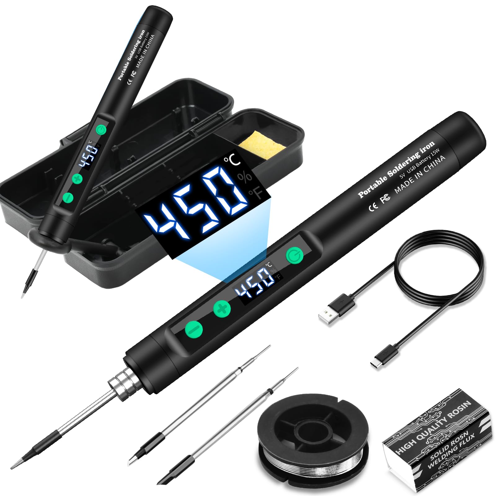 Kit Saldatore Wireless USB Con Display LCD E Regolazione 180-450°C – Elemento In Ceramica, 3 Punte E Filo Saldante (Ideale Per Elettronica E Fai-da-Te)