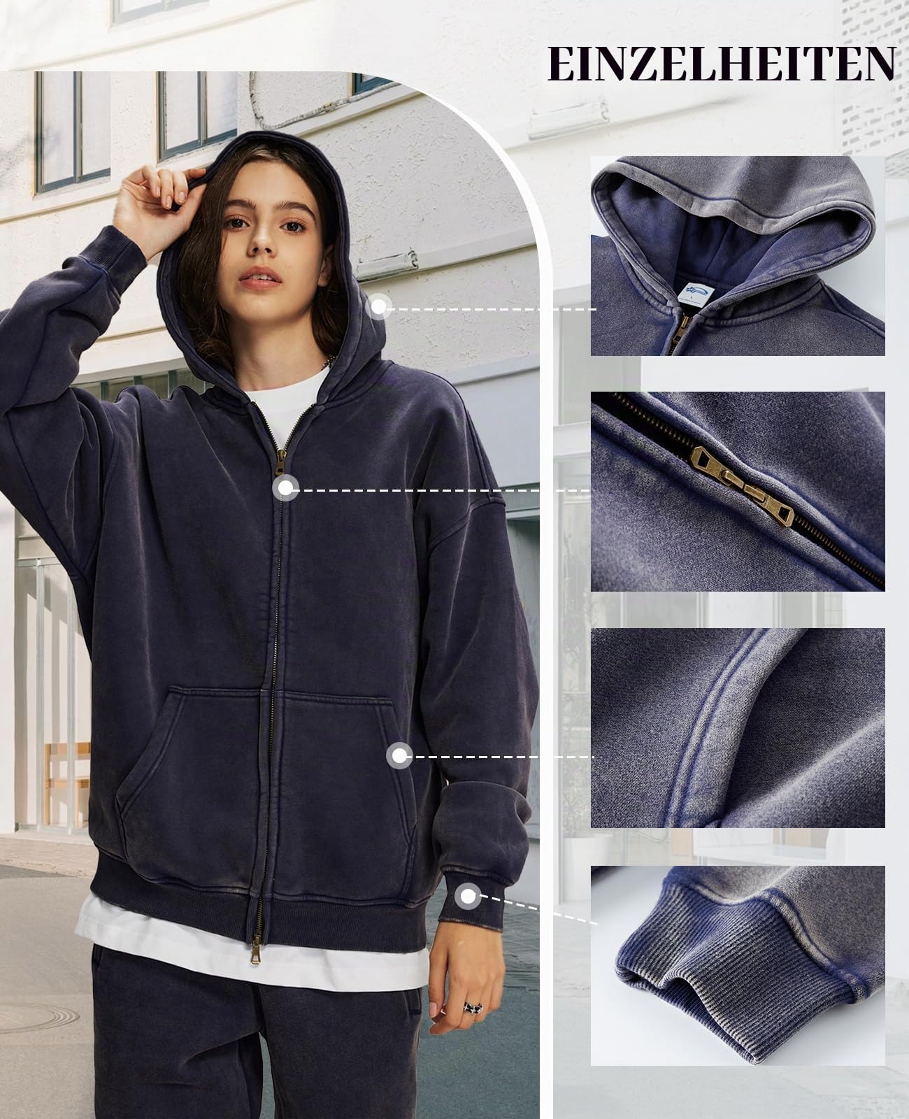 HOUZONIY Hoodie Damen Sweatjacke Kapuzenjacke Oversize Reißverschluss Fleece Sweatshirt Einfarbig Herbst Jacken Y2k Kapuzenpullover