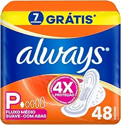 Always Suave, Absorvente com Abas, Tamanho P, 48 Unidades