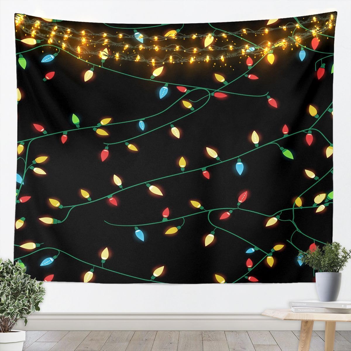 Feelyou Colorful lights Tapestry Christmas Wall Art Snowflake Wall Hanging Blanket for Living Room Bedroom Light Home Decor Medium 59"x59" Black Yellow Blue Red