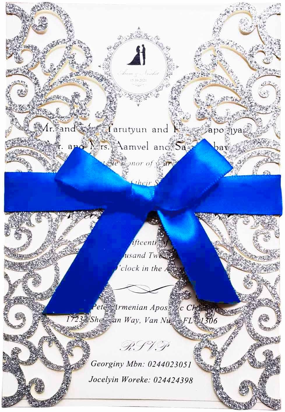 50PCS 5x7.3 Inch Silver Wedding Invitation Laser Cut Hollow Floral Blank Invitations Cards with Envelopes For Quinceañera Sweet 16 Birthday Wedding Invitation (Silver Glitter)