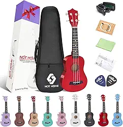 NOT HOME Ukulele Soprano Pacote para iniciantes, 53 cm Basswood kids Ukuleles Starter Kit com Gig Bag Sintonizador Digital Cordas e Palhetas. (vermelho)