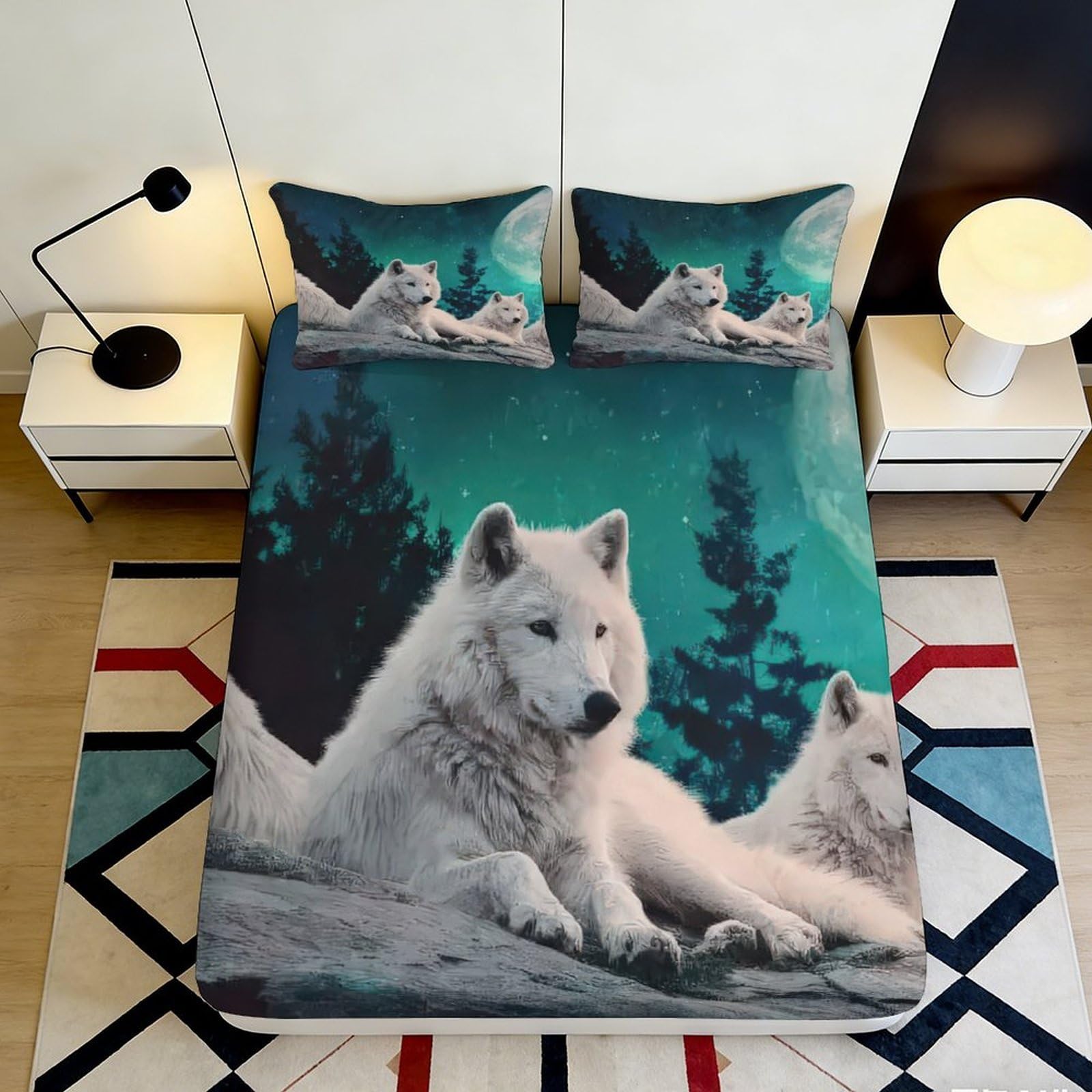3D Printed White Arctic Wolf Fitted Sheet Microfiber Soft Breathable Forest Night Bed Cover for Bedroom Decor 90x200x25cm