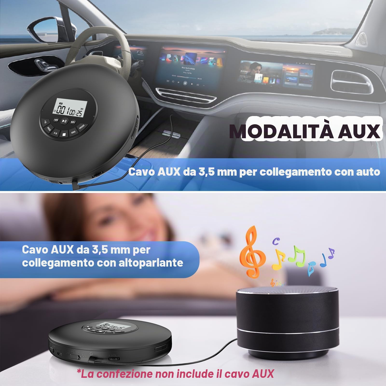 Arafuna Lettore CD portatile Compact Discman Personal Music Player Anti-Skip Protection Tracce programmabili Auricolari inclusi
