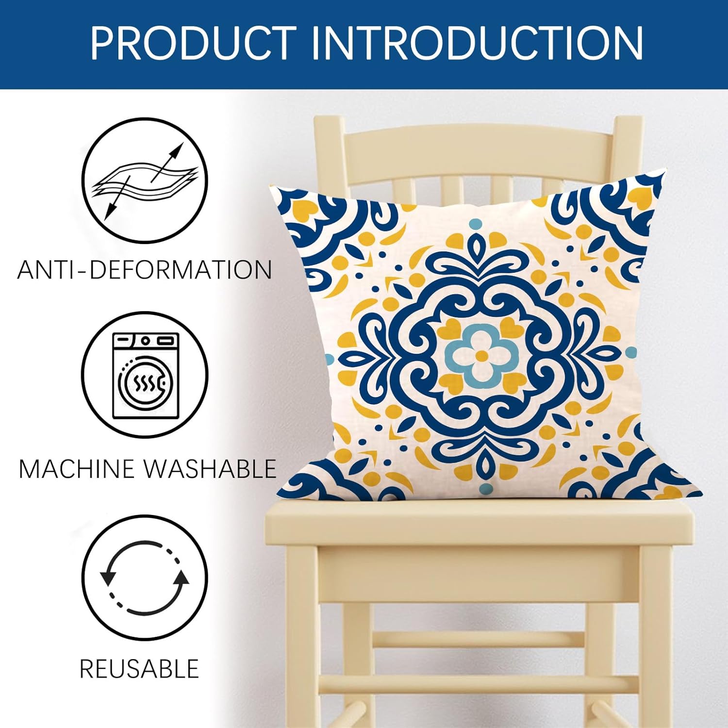 Boho Mandala Flower Decorative Throw Pillow Covers 18 x 18 Set of 4, Blue Yellow Geometric Floral Porch Outdoor Home Decor, Mediterranean Moroccan Abstract Aesthetic Art Couch Cushion Case - Image 3