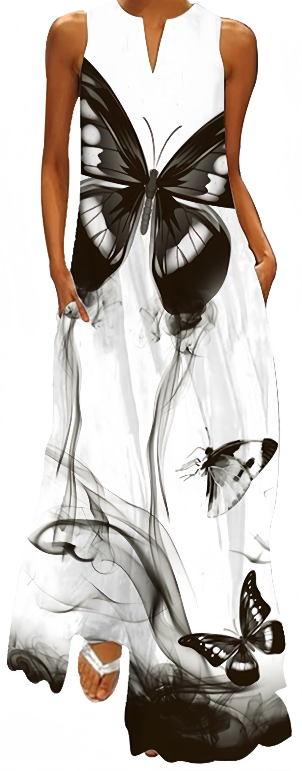 Ocean Plus Donne Senza Maniche Gonna Lunga Scollo a V Stampato Abito Floreale Senza Maniche Maxi Abito con Scollo a V