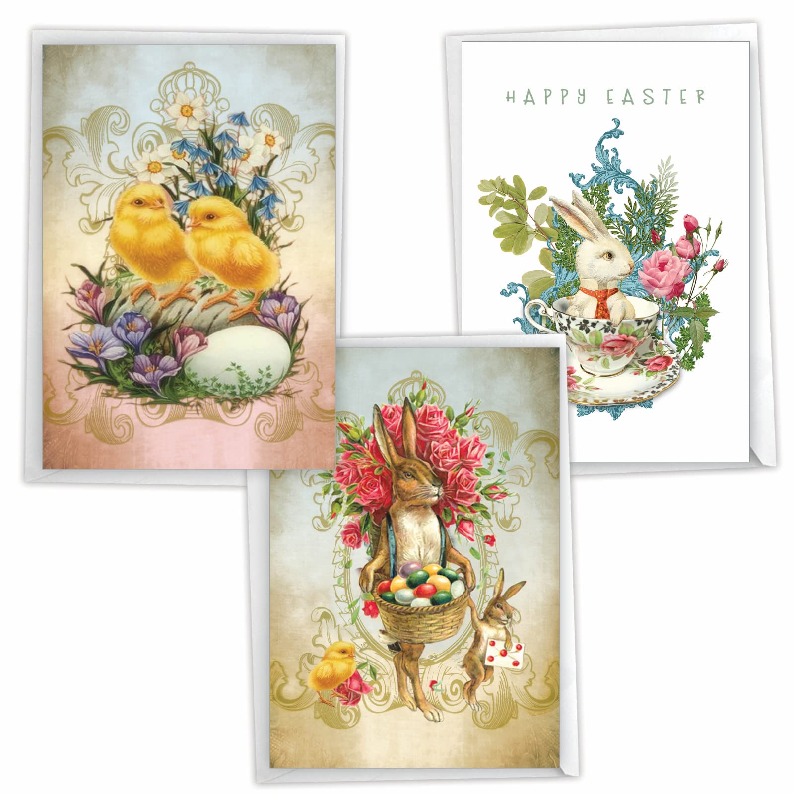 NobleWorks - Assortment Pack of 3 Easter Greeting Cards with Envelopes (3 Designs, 1 Each) - Flowery Chicks and Bunnies VC10395EAG-C1x3