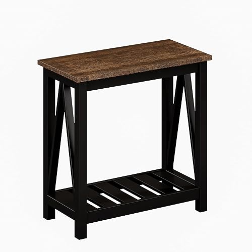 Miniatura 8 de ChooChoo Mesa auxiliar de granja, mesa auxiliar rústica vintage estrecha con estante de almacenamiento para espacios pequeños, mesita de noche para
