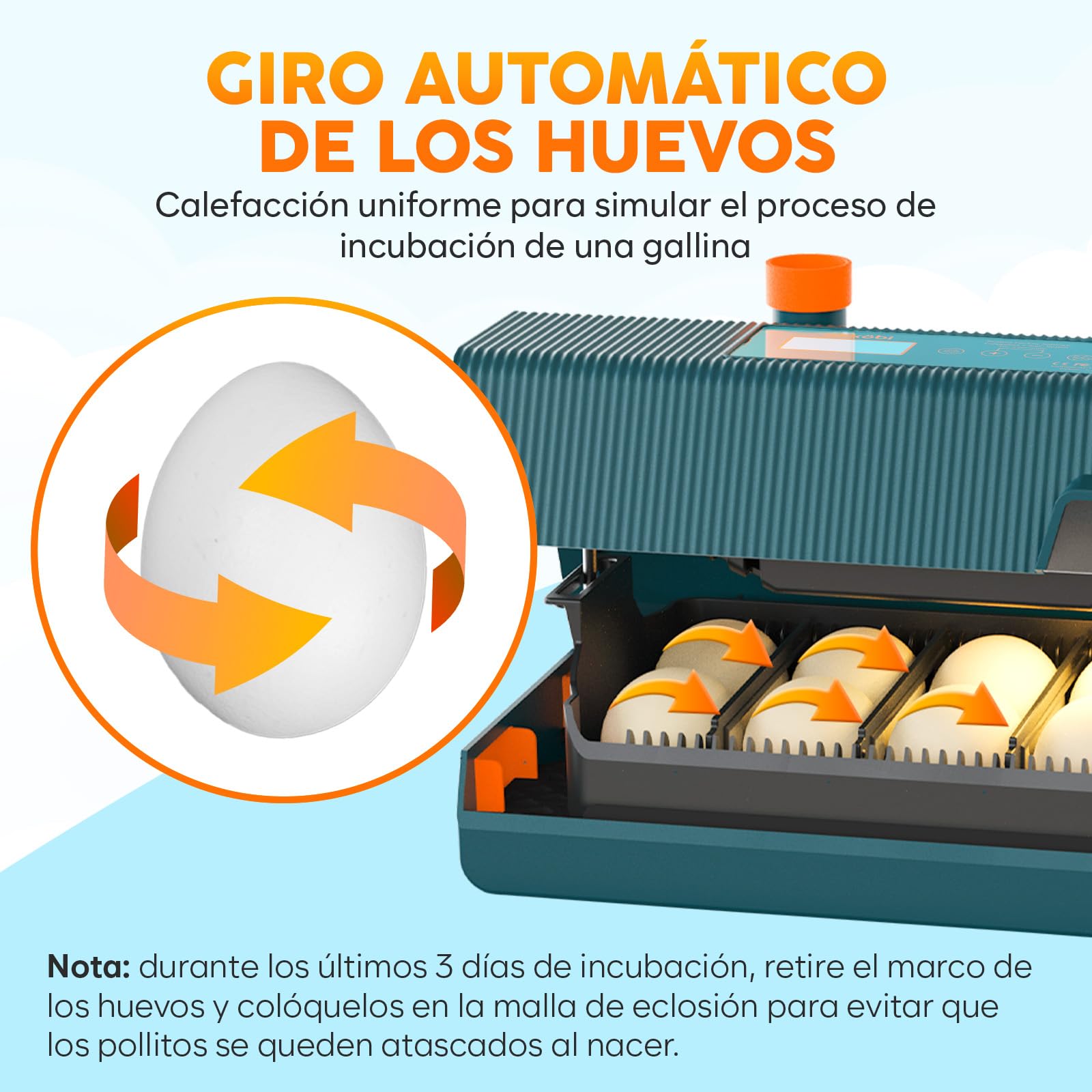 Okkobi M10 Incubadora Huevos Gallina - Ideal para todas las edades - Incubadoras de Huevos Automaticas - Volteo Automático y Control de Humedad - Verde y Naranja