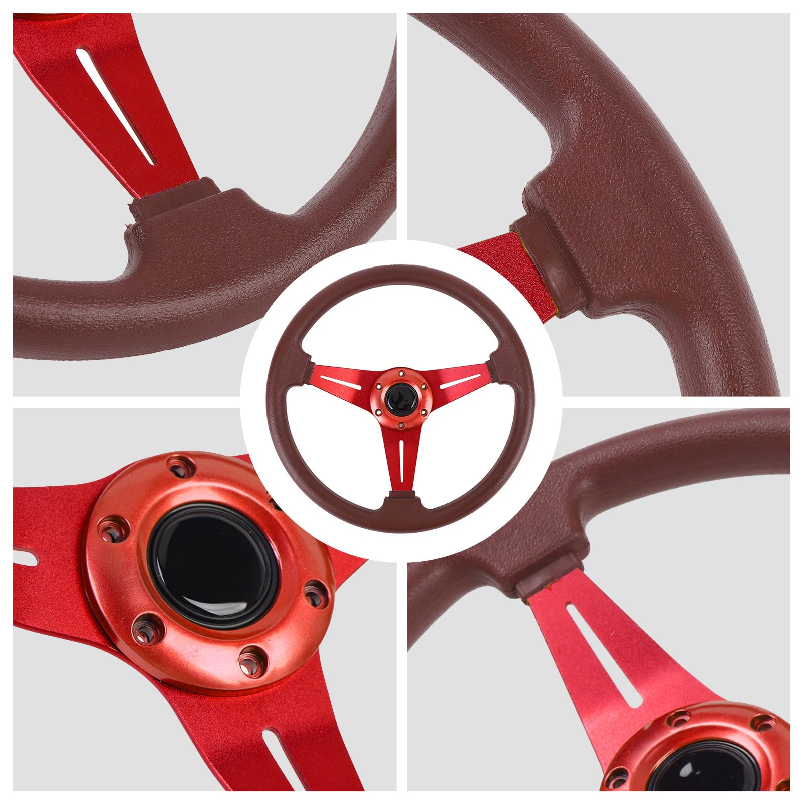 Fabater Volante da, Volante con Raggi in Alluminio in Pelle PU da 14 Pollici con Pulsante Clacson per Adattatore per a 6 Fori (rosso)