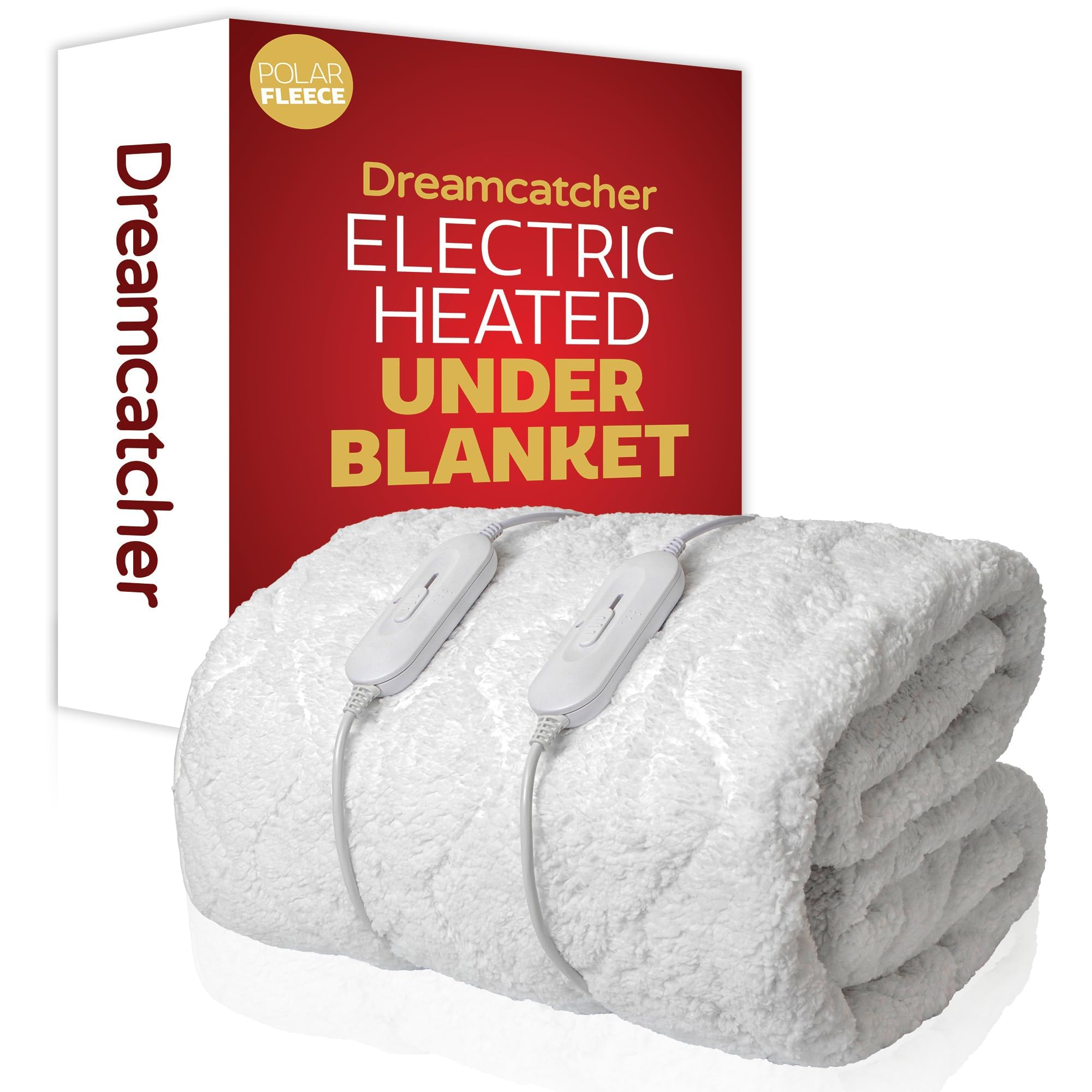 Dreamcatcher White Double Electric Blanket 190 X 137Cm, Soft Fleece Polyester Electric Blanket Fitted Underblanket Mattress Cover, 3X Heat Settings, 2X Controllers And Machine Washable Heated Blanket