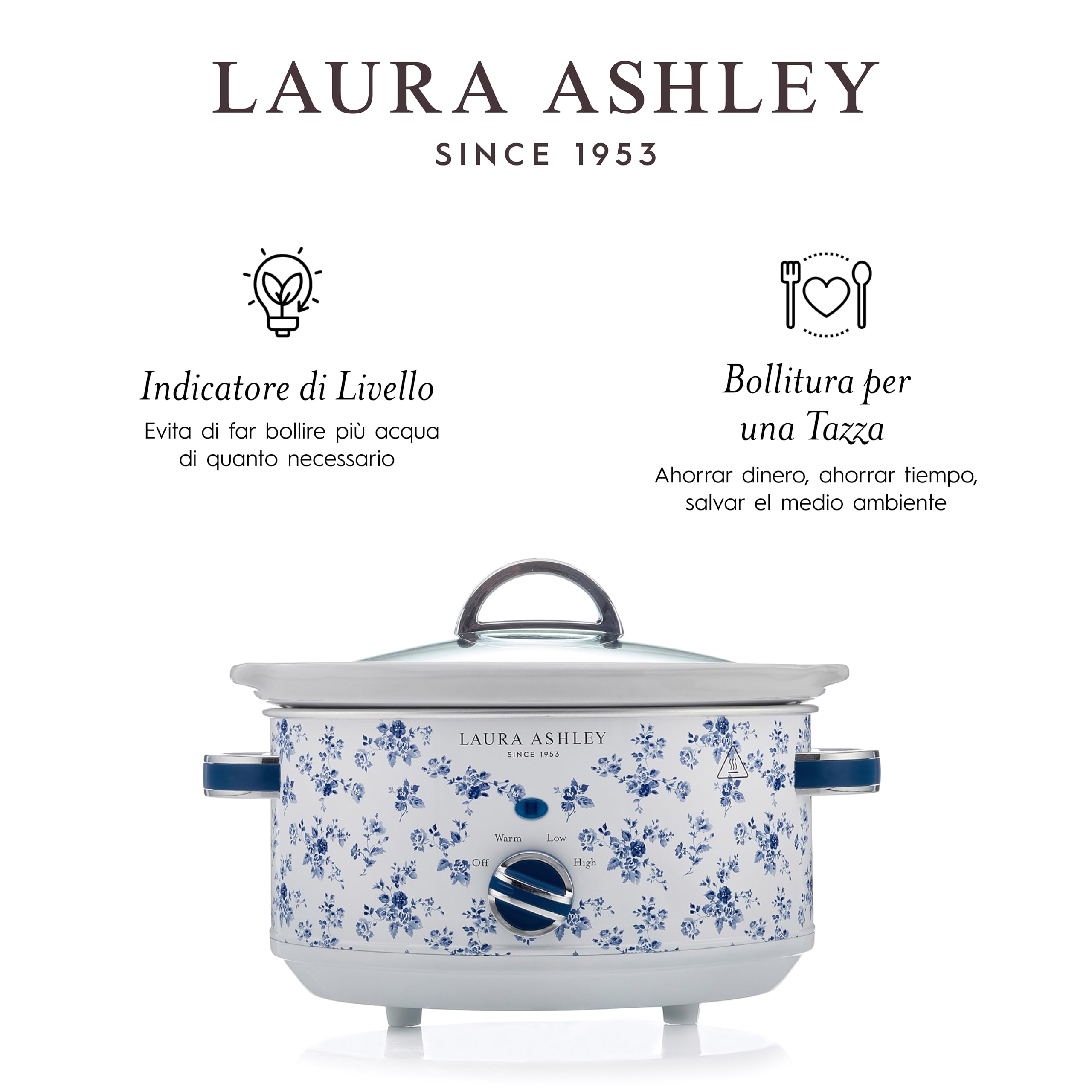 Laura Ashley Pentola Cottura Lenta 3,5 Litri con Stampa China Rose di VQ - Slow Cooker per 4 a 5 Persone, Economica in Energia, con 3 Impostazioni di Temperatura e Coperchio in Vetro Temperato