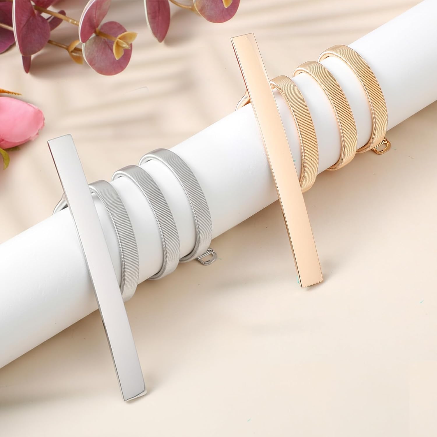 2 Pack Skinny Metal Cinch Belt for Dress, Womens Elastic Thin Metal Waist Belt Fashion Retro Fancy Cinch Belts Stretch Silver Gold Waistband Elastic Chain Belts for Women - Image 6