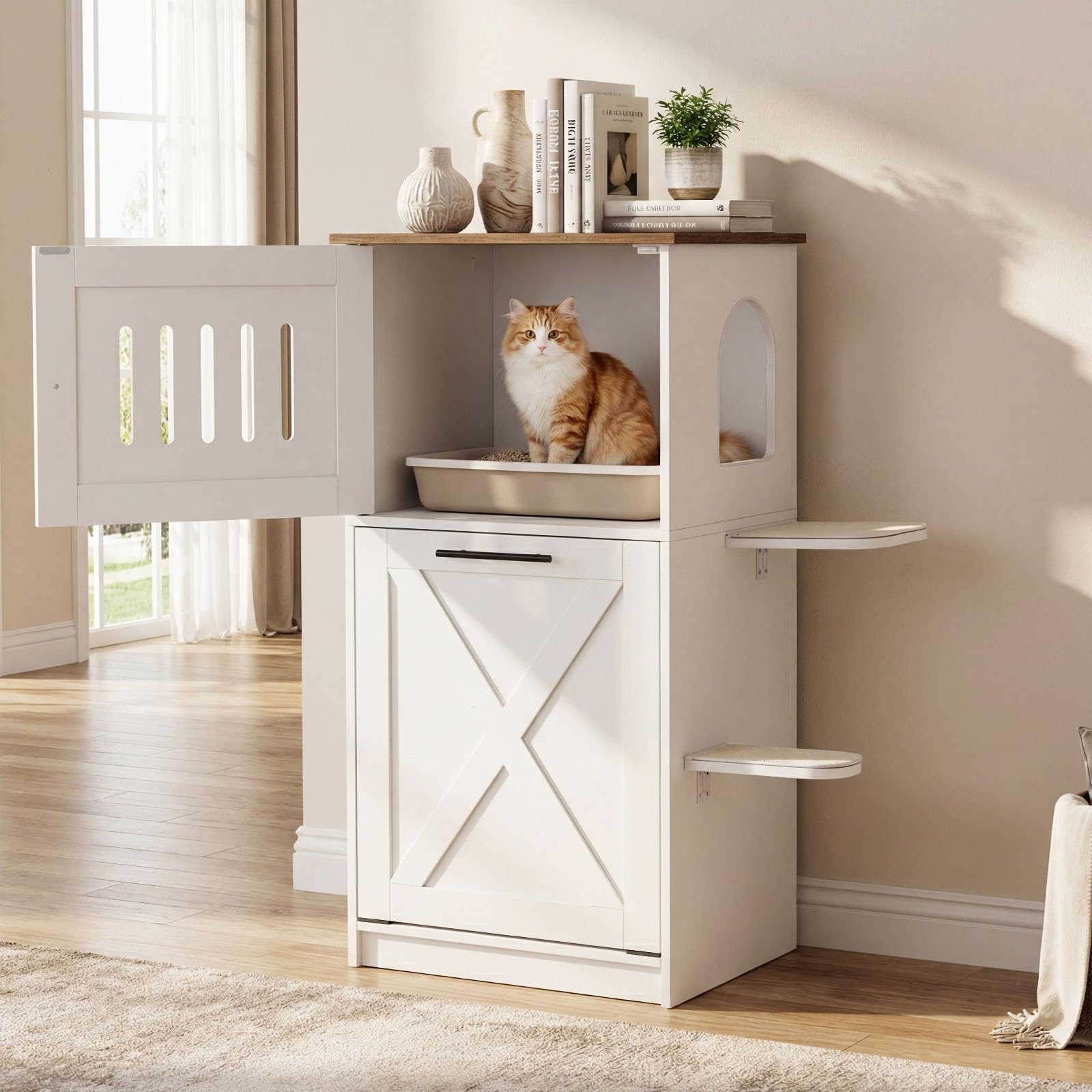 COSTWAY Katzenklo Schrank, Katzenschrank mit 2 Sisal-Kratzmatten, Plattformen & Klappfach, 3 in 1 Katzenhaus Katzentoilette Beistelltisch, Holz, Katzenmöbel für Wohnzimmer, modern, Weiß