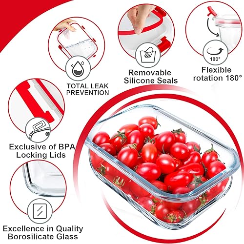 Miniatura 5 de VERONES Paquete de 5 recipientes de 36 onzas de vidrio para preparar comidas, juego de recipientes de vidrio herméticos para almuerzos, recipientes