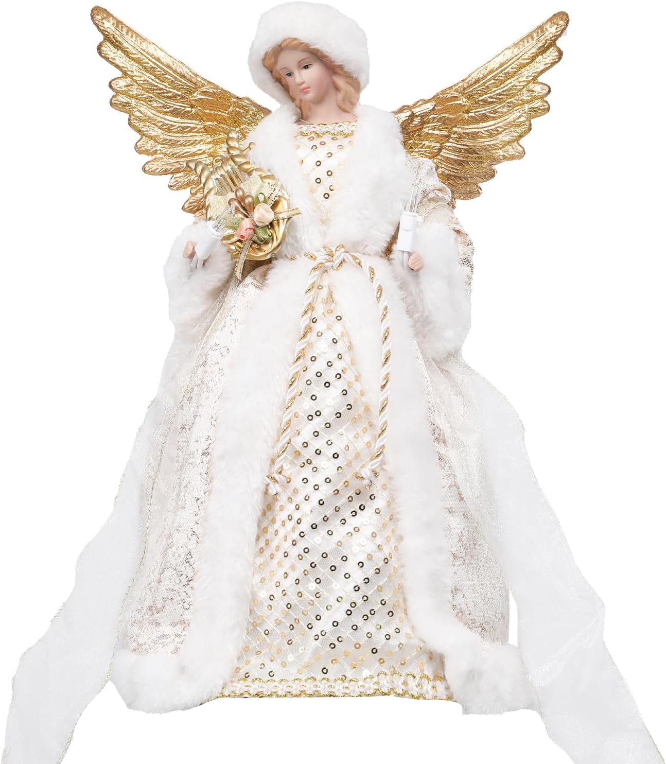 MUMTOP Lighted Christmas Angel Tree Topper, 12 Inch Luxury Gold White Fabric Angel Tree Top Figurine with Lyre for Christmas Tree Decoration Indoor