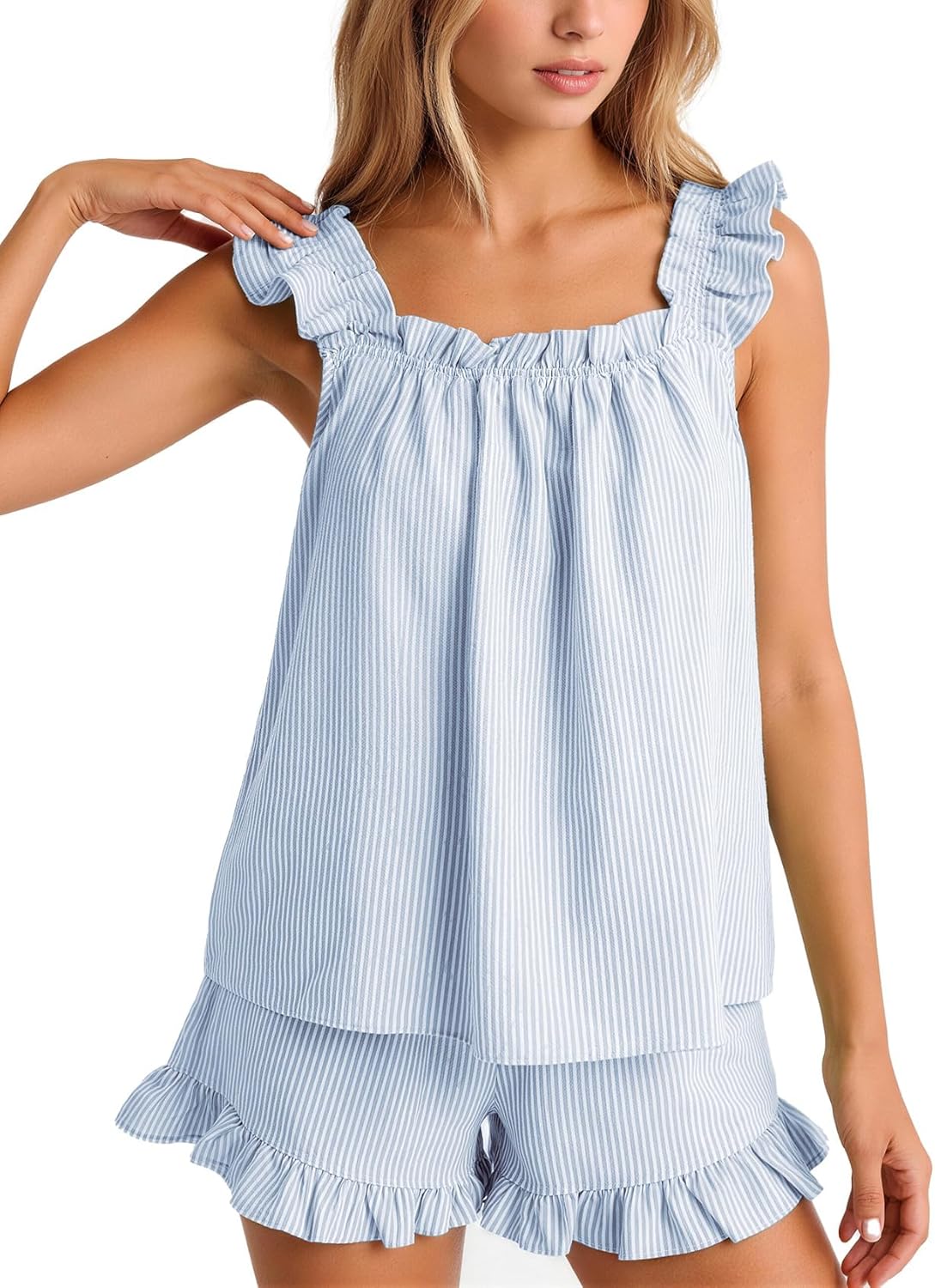 Flygo Striped Pajamas Set for Women Cotton 2 Piece Lounge Sets Ruffle Cami Top and Shorts Cute Summer Pj Sleepwear