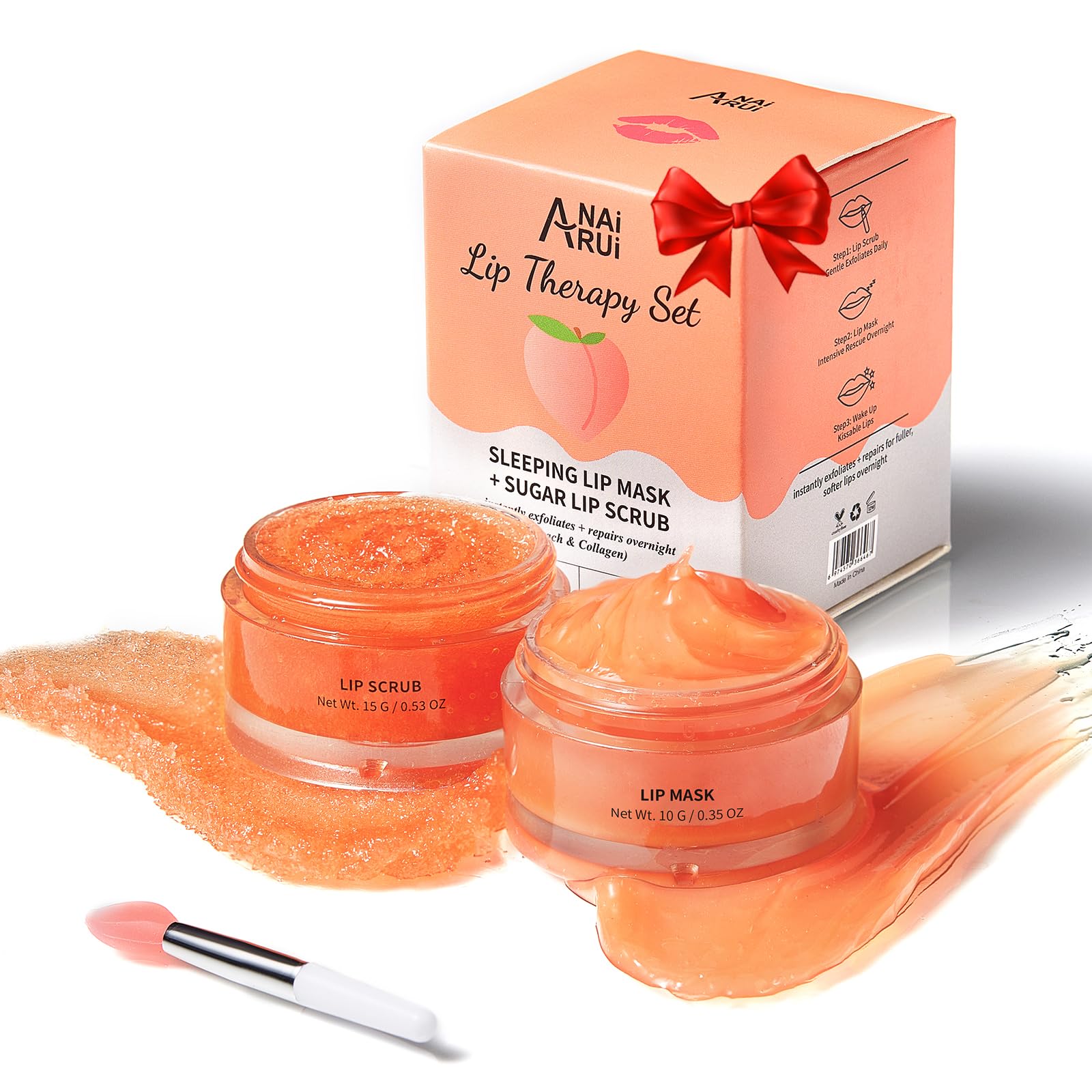 ANAI RUI Lip Scrub & Mask Set, Stocking Stuffers For Teen Girls, Sugar Exfoliator Scrub, Lip Sleeping Mask, Moisturizering for Dry, Chapped, Dark Lips, Peach