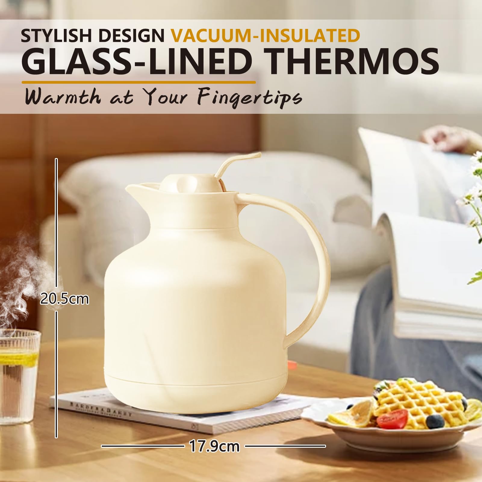 Thermoskanne Kaffeekannen Vakuum Isolations, Thermosflasche Für Heißen Und Kalten Teekaffee, Mit Einfachem Sicherheitsdruckknopf Für Küche, Büro, Hotel (Beige,1.1L)