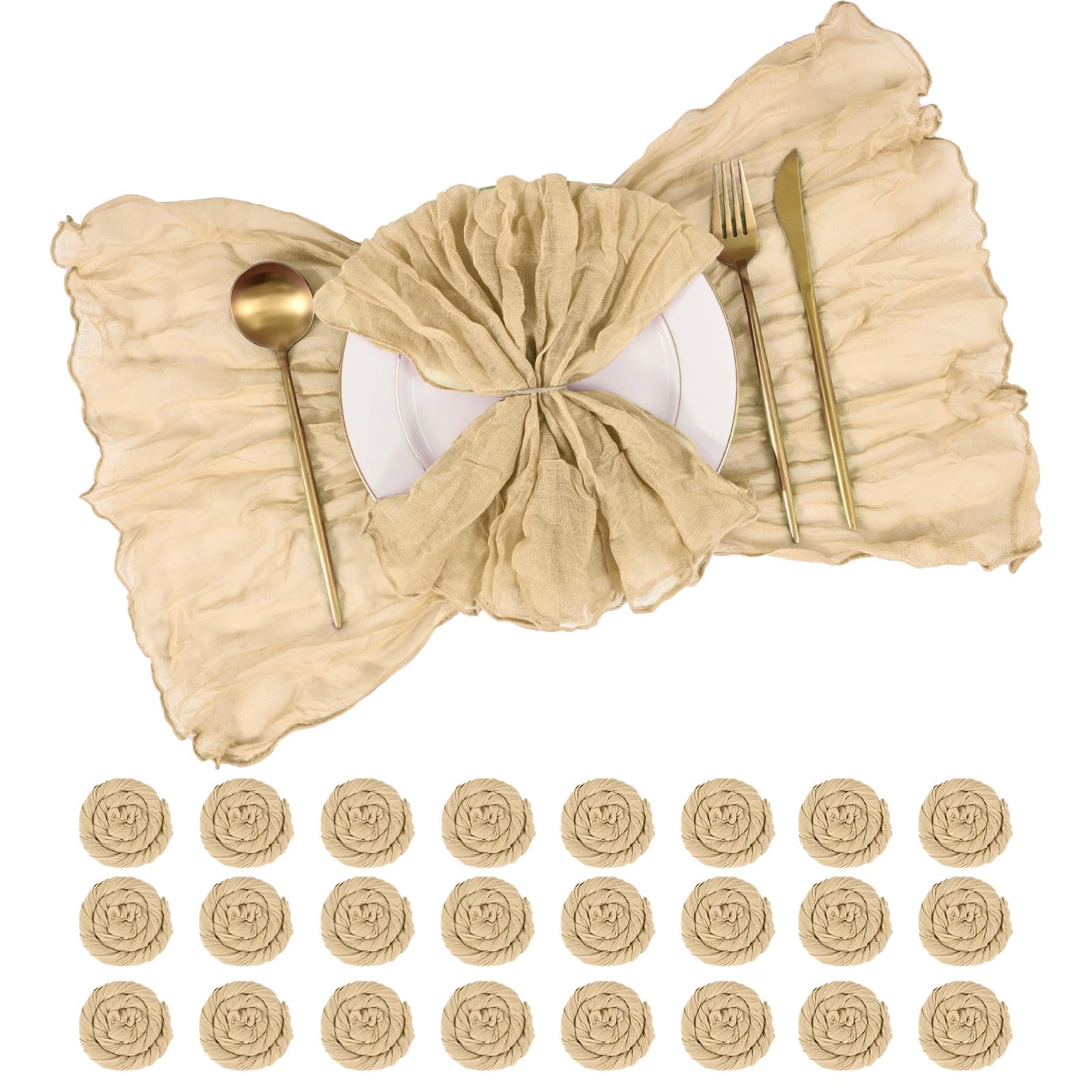 24 Pack Cheesecloth Napkins 50x50 cm (20x20 Inches) Wrinkled Gauze Fabric Dinner Napkins Soft Decorative Cloth Napkins for Wedding, Rustic Boho Party, Valentine‘s Day, Thanksgiving (Beige)