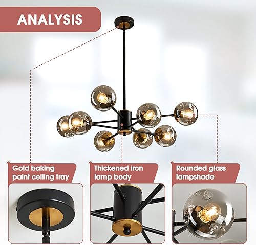Miniatura 3 de OQIZUEY Lámpara Sputnik de 8 luces con globo de vidrio mate negro y dorado de mediados de siglo, moderna lámpara de techo ajustable vintage colgante