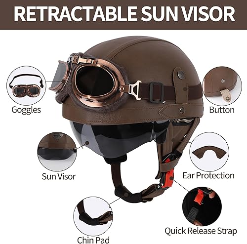 Miniatura 3 de Cascos de Motocicleta de Estilo Alemán, Medio Casco de Cuero Retro, Aprobado por el DOT, para Adultos, Hombres y Mujeres, Casco de Media Cara