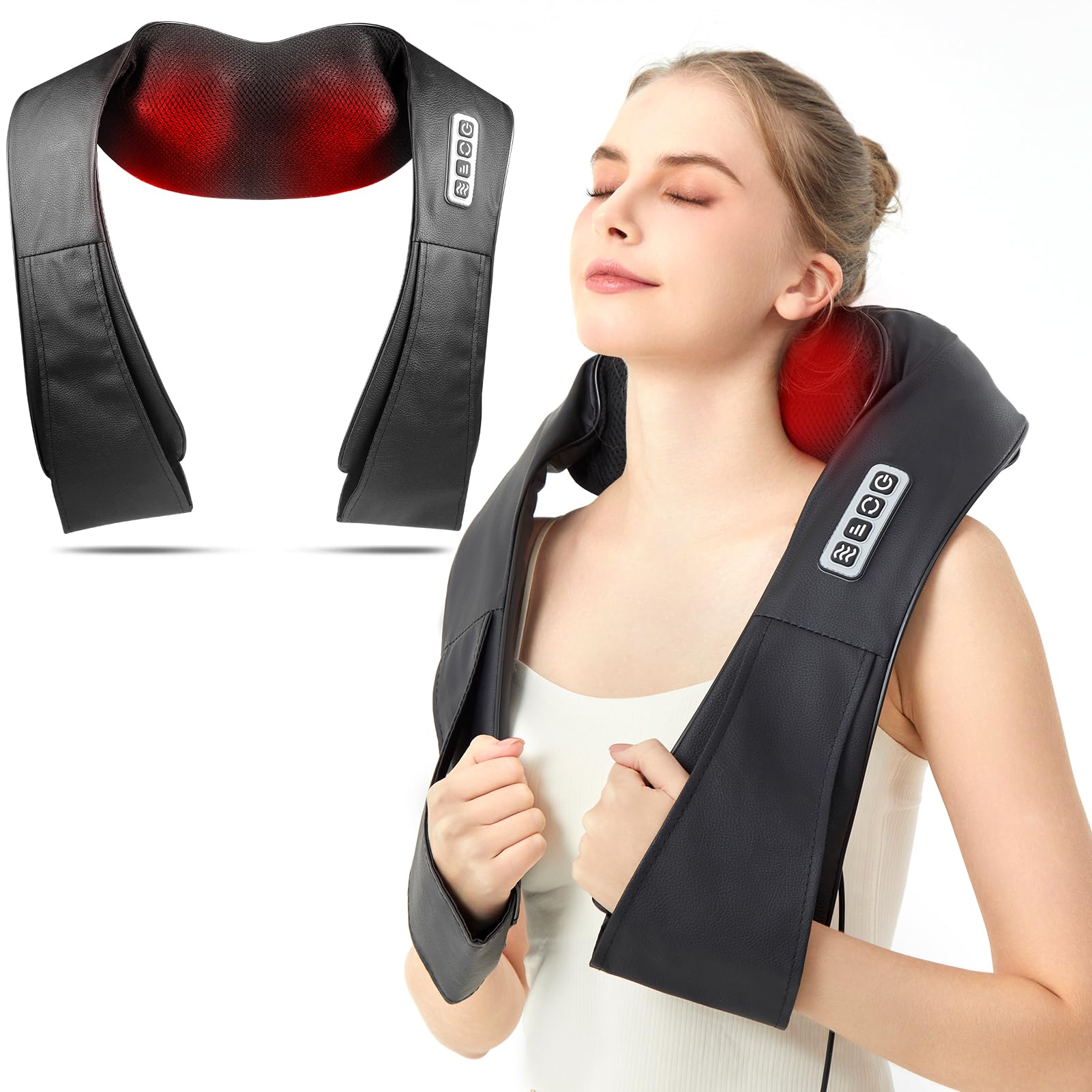 Nackenmassagegerät mit Wärme, Kabelgebundenes PU-Leder Massage für Nacken & Schultern，Shiatsu Massagegerät für Nacken Rücken Schulter, mit Netz- & Auto-Adapter,Geschenke für Frauen/Mütter/Väter