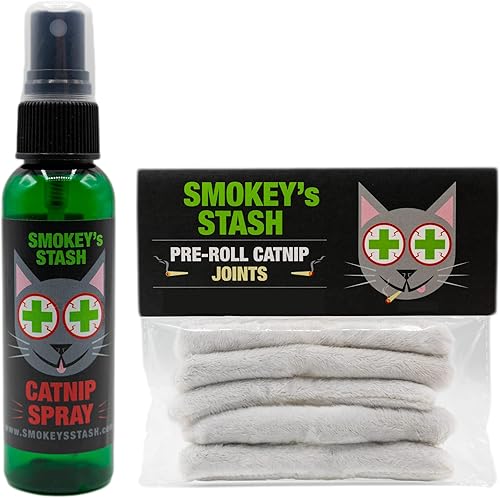 Smokey's Stash Botella de hierba gatera de 2 onzas con juntas preenrolladas rellenas de nip para gatos, 5 juntas por paquete