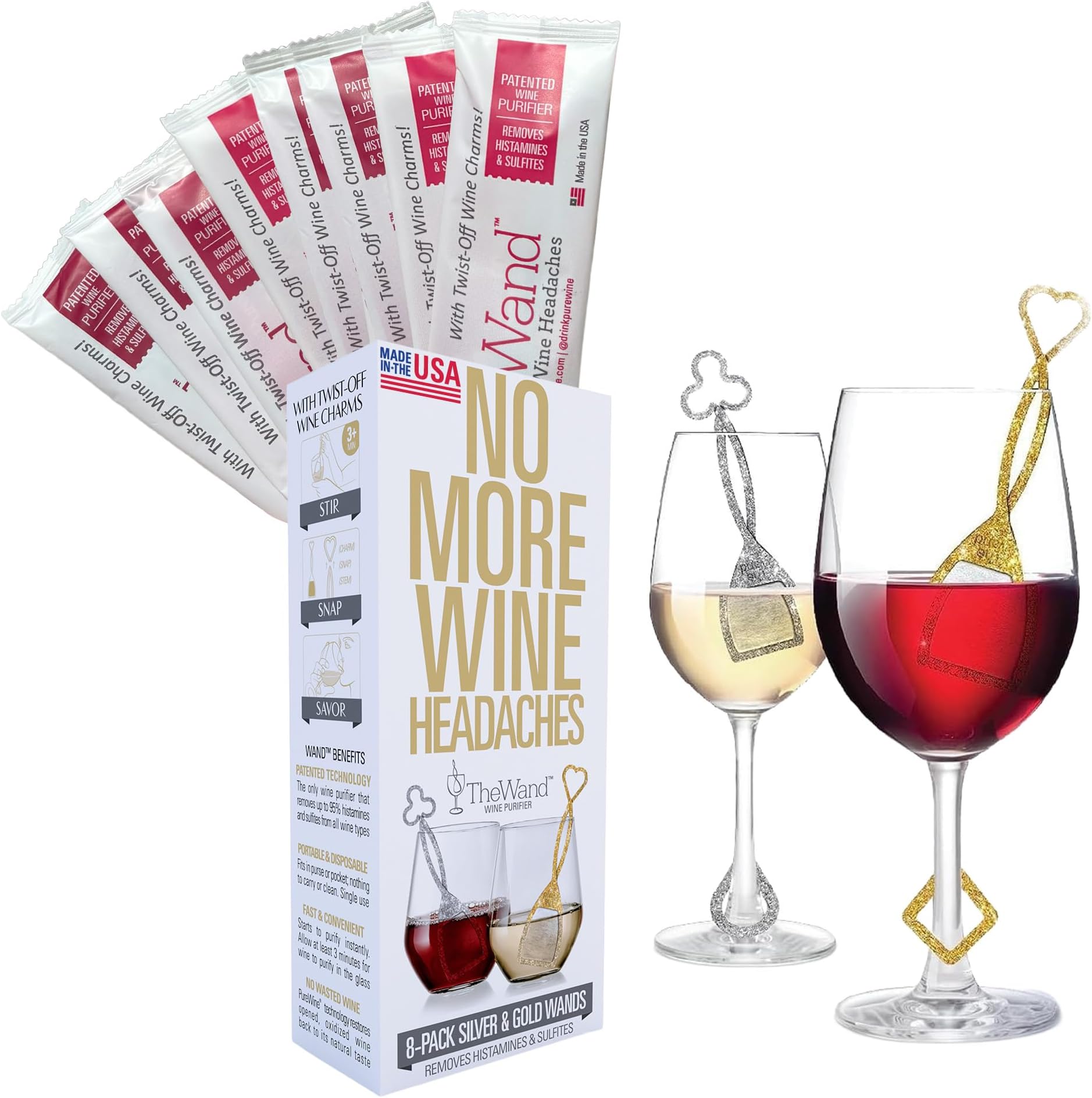 PureWine The Wand Wine Purifier - Red & White Wine Filters for Histamines & Sulfites, Sulfite Remover Sticks, Helps Allergies & Headaches, Gift Accessories for Women & Men - 8 Wands, Silver & Gold