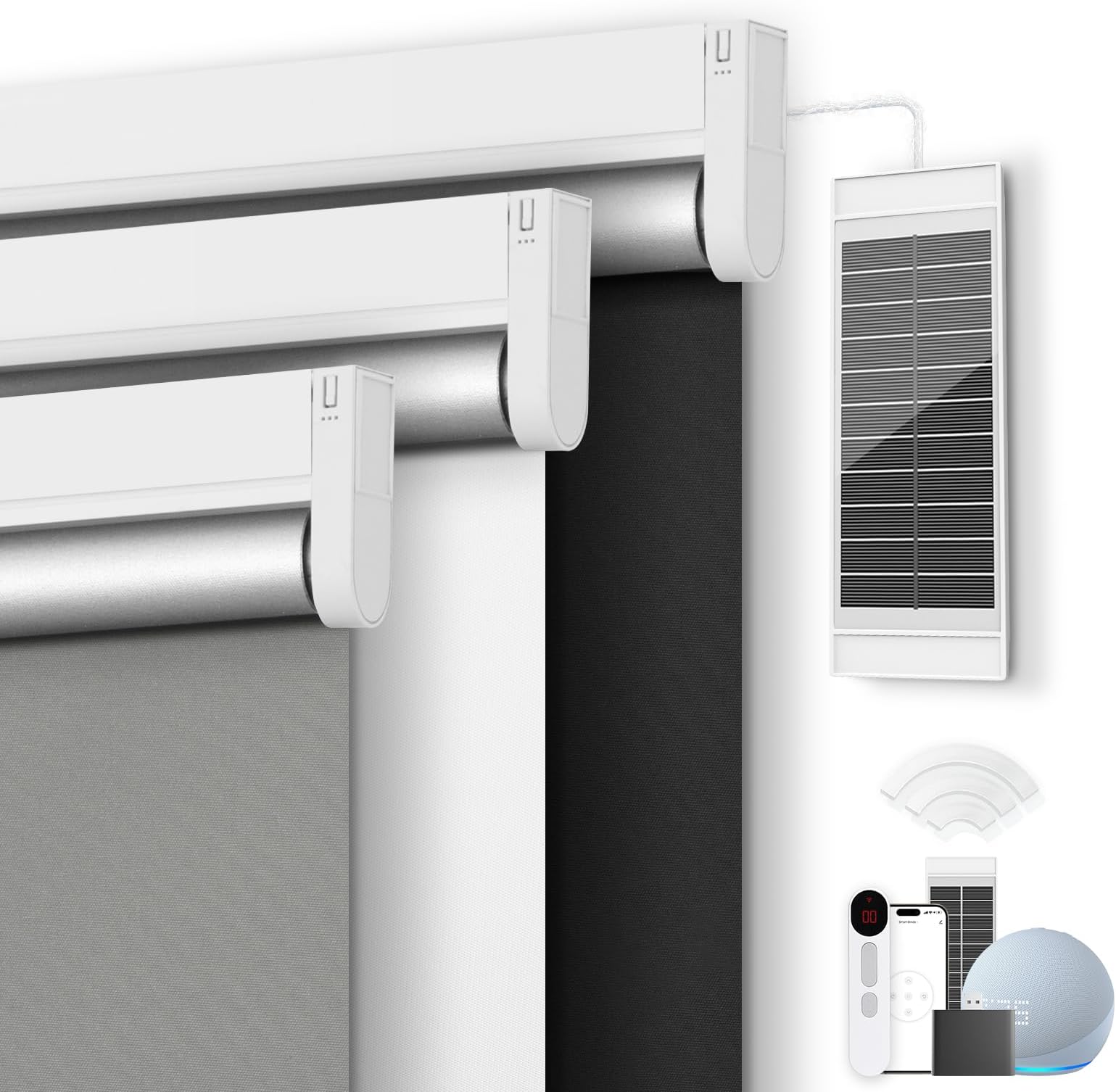 Motorized Roller Blinds with Remote Control & Solar Panel - 100% Blackout Smart Blinds, Automatic, Cordless, Electric Shades - Compatible with Alexa - Grey, 34" W x 72" H