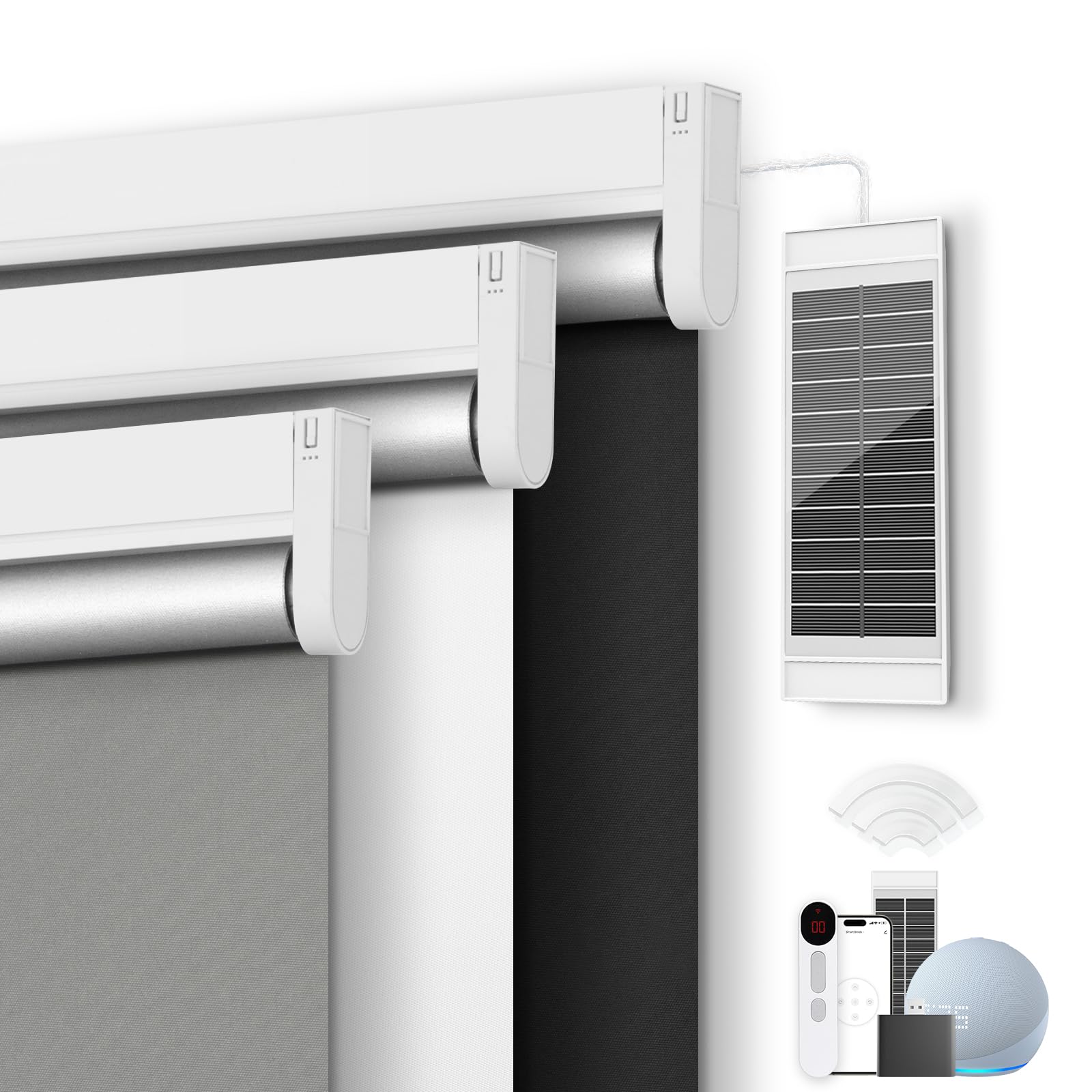 Motorized Blackout Smart Roller Blinds with Remote Control & Solar Panel - Automatic Electric Shades for Windows, Compatible with Alexa - White,30" W*